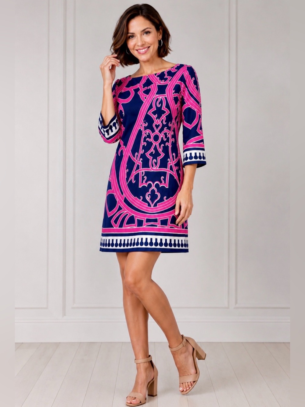 Navy & Hot Pink Geometric Shift Dress - size Medium